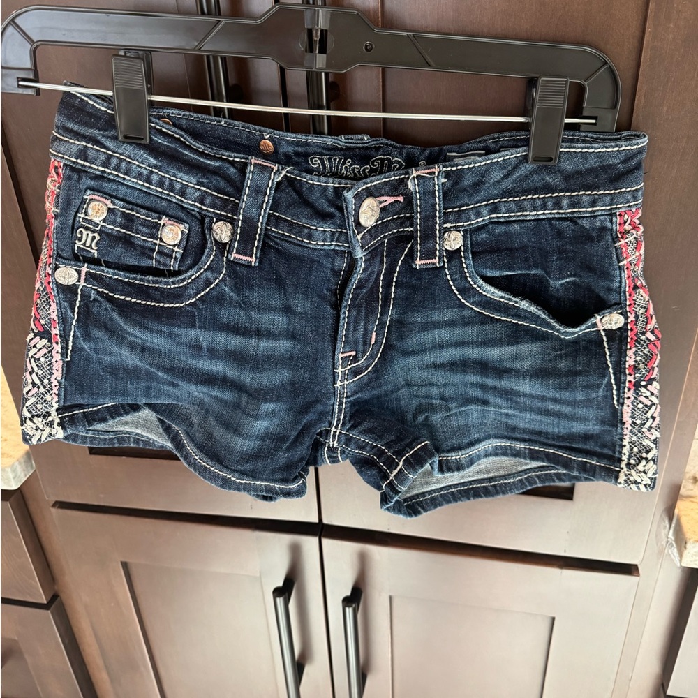 Miss Me Dark Blue Jean Shorts with Red Accents